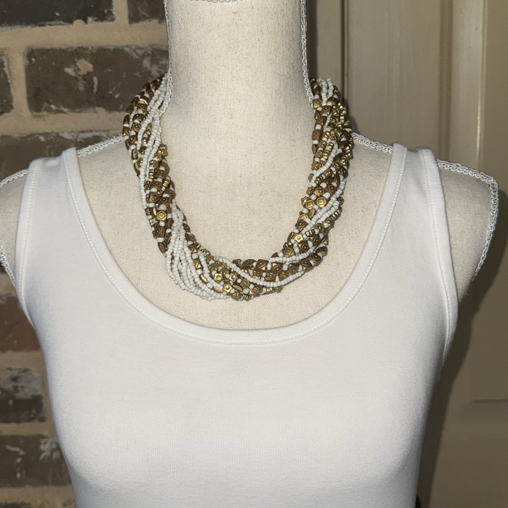 Stunning White & Gold Beaded Multi-Strand Twist Necklace & Bracelet Set Unique - Picture 12 of 16